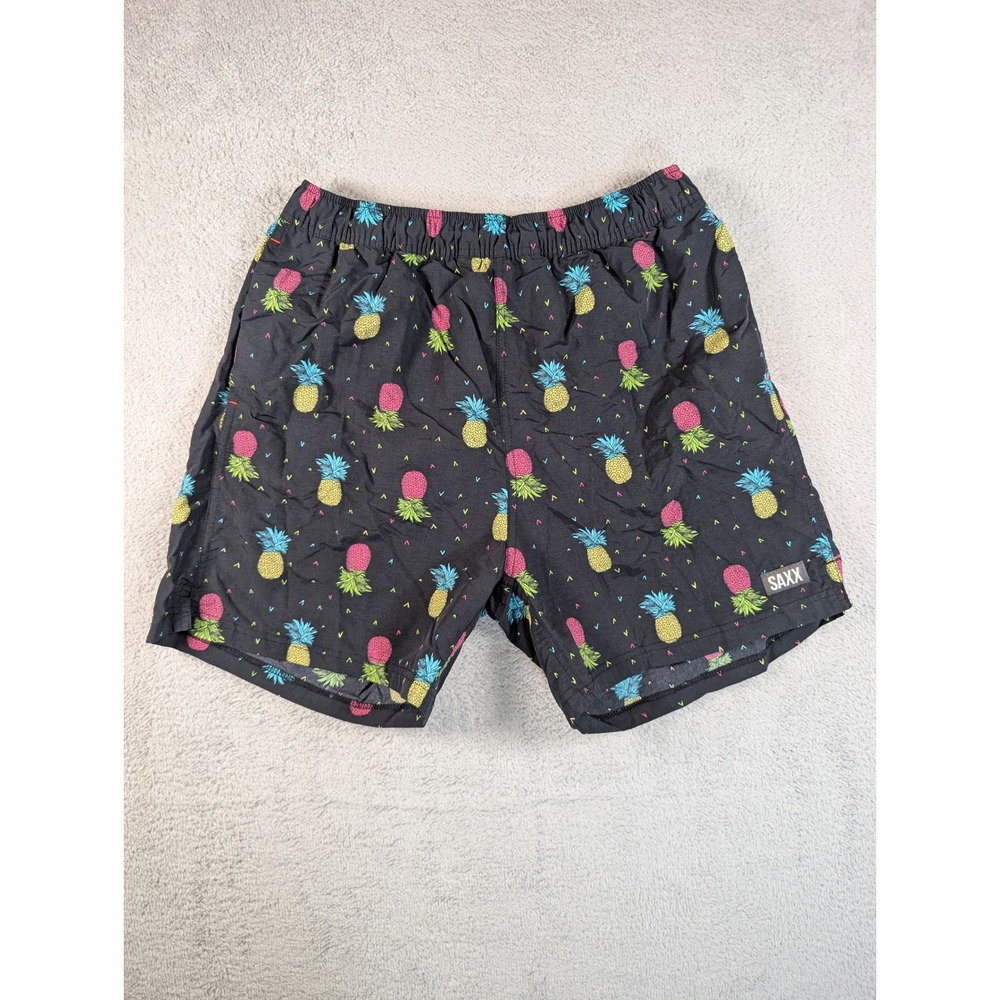 SAXX Go Coastal 2N1 Volley Swim Shorts Men Medium Black Pineapple BallPark Pouch